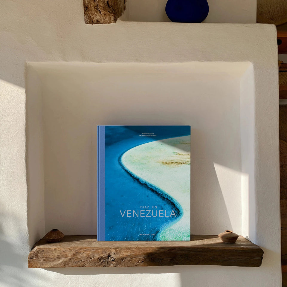 El libro Diaz en Venezuela en un nicho de pared blanca con repisa de madera